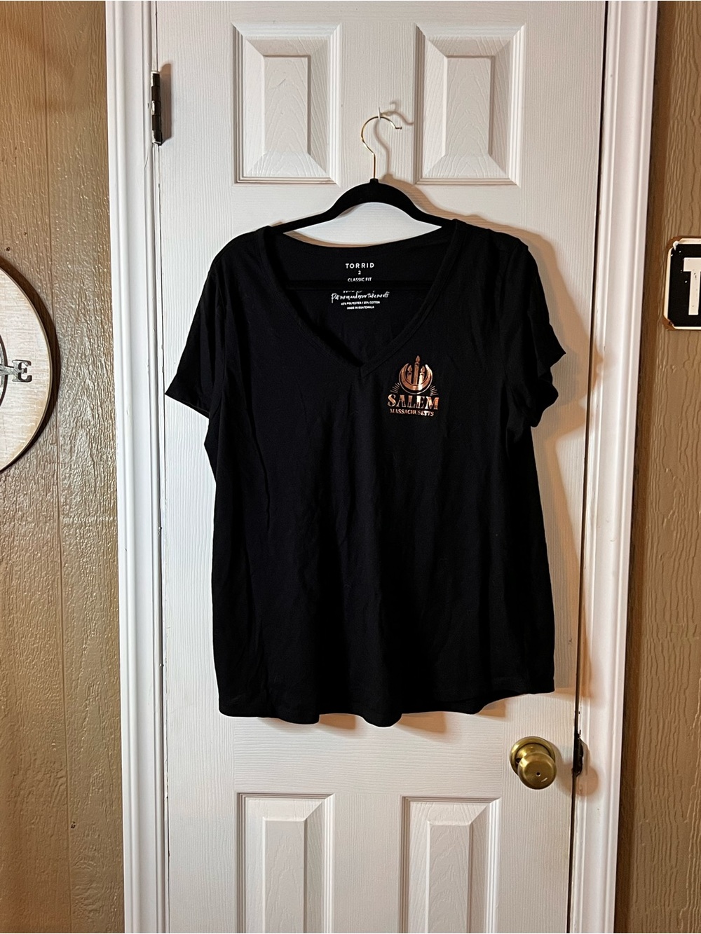 torrid Black V-Neck Tee with Bronze  Salem Chest Logo